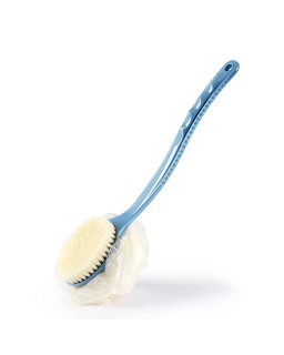 Shower Body Brush with Bristles and Loofah,Back Scrubber Bath Mesh Sponge with Curved Long Handle for Skin Exfoliating Bath, Massage Bristles Suitable for Wet or Dry, Men and Women (Blue)
