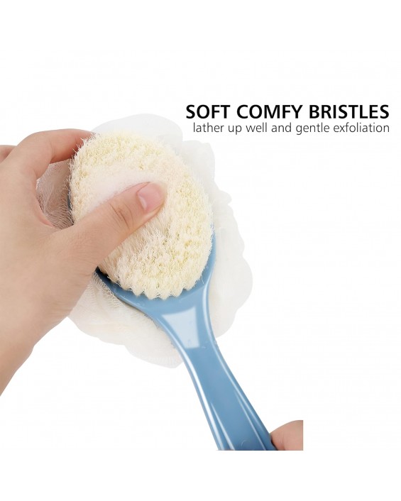 Shower Body Brush with Bristles and Loofah,Back Scrubber Bath Mesh Sponge with Curved Long Handle for Skin Exfoliating Bath, Massage Bristles Suitable for Wet or Dry, Men and Women (Blue)