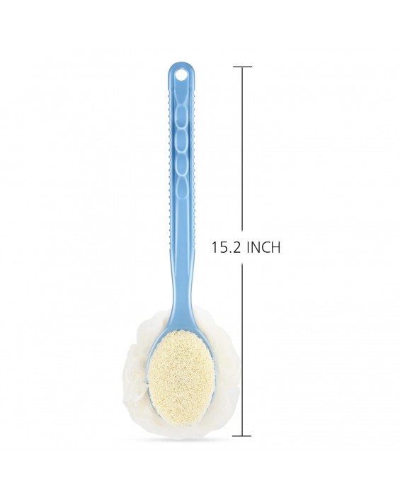 Shower Body Brush with Bristles and Loofah,Back Scrubber Bath Mesh Sponge with Curved Long Handle for Skin Exfoliating Bath, Massage Bristles Suitable for Wet or Dry, Men and Women (Blue)