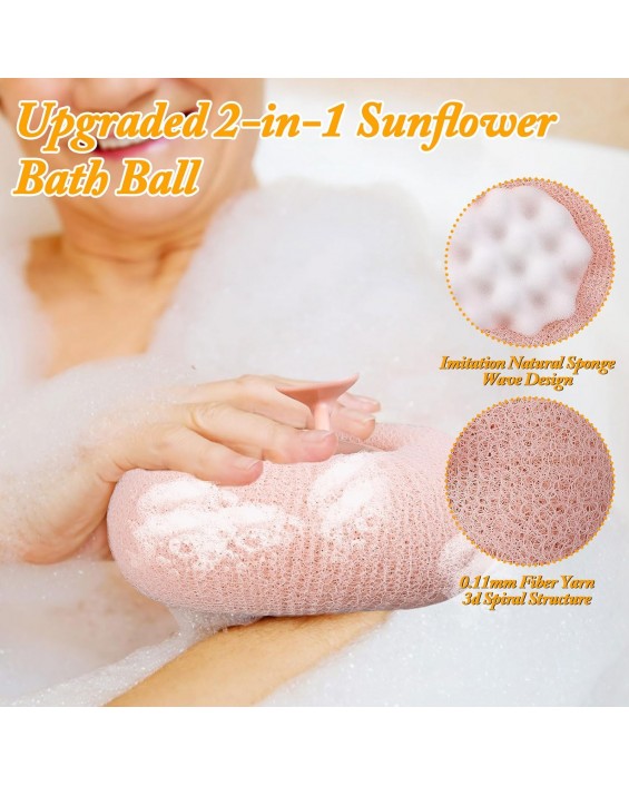 2Pcs Upgrade 2-in-1 Sunflower Bath Ball,Soft Bath Ball with Hanging and Adsorbable Suction Cup，Exfoliating Bath Sponges for Shower Women Men