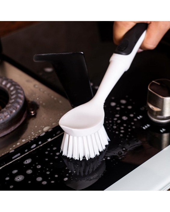Dish Brush with Handle, Dish Scrub Brush with Built-in Scraper, Nylon Dish Scrubber, Kitchen Brushes for Dishes,Pots, Pans and Sinks 2 Pack