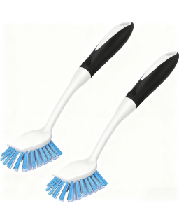 Dish Brush with Handle, 2 Pack Stiff Bristles Dish Scrubber with Built-in Scraper Dish Scrub Brushes for Cleaning Dishes, Pots and Pans, Kitchen Sink
