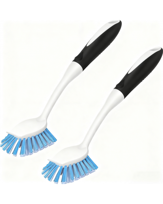 Dish Brush with Handle, 2 Pack Stiff Bristles Dish Scrubber with Built-in Scraper Dish Scrub Brushes for Cleaning Dishes, Pots and Pans, Kitchen Sink