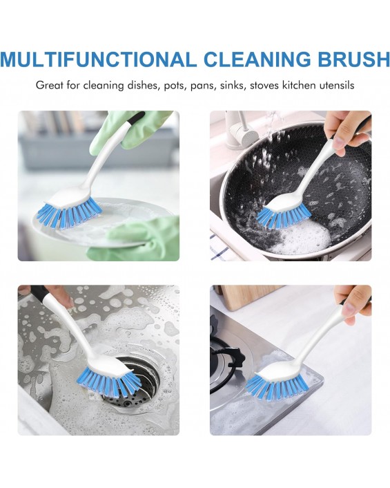Dish Brush with Handle, 2 Pack Stiff Bristles Dish Scrubber with Built-in Scraper Dish Scrub Brushes for Cleaning Dishes, Pots and Pans, Kitchen Sink