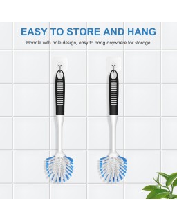 Dish Brush with Handle, 2 Pack Stiff Bristles Dish Scrubber with Built-in Scraper Dish Scrub Brushes for Cleaning Dishes, Pots and Pans, Kitchen Sink