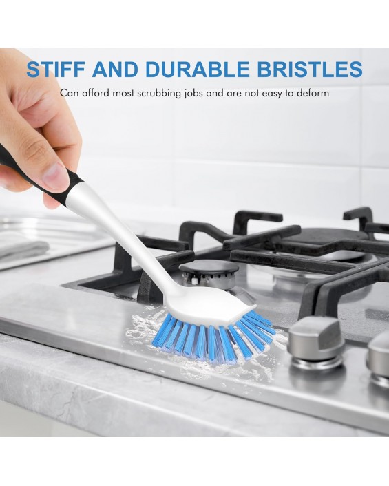 Dish Brush with Handle, 2 Pack Stiff Bristles Dish Scrubber with Built-in Scraper Dish Scrub Brushes for Cleaning Dishes, Pots and Pans, Kitchen Sink