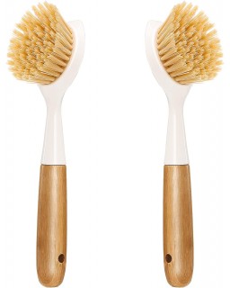 2 Pack Kitchen Dish Brush Bamboo Handle Dish Scrubber Built-in Scraper, Scrub Brush for Pans, Pots, Kitchen Sink Cleaning, Dishwashing and Cleaning Brushes are Perfect Cleaning Tools