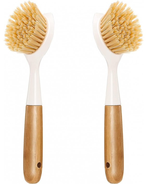 2 Pack Kitchen Dish Brush Bamboo Handle Dish Scrubber Built-in Scraper, Scrub Brush for Pans, Pots, Kitchen Sink Cleaning, Dishwashing and Cleaning Brushes are Perfect Cleaning Tools