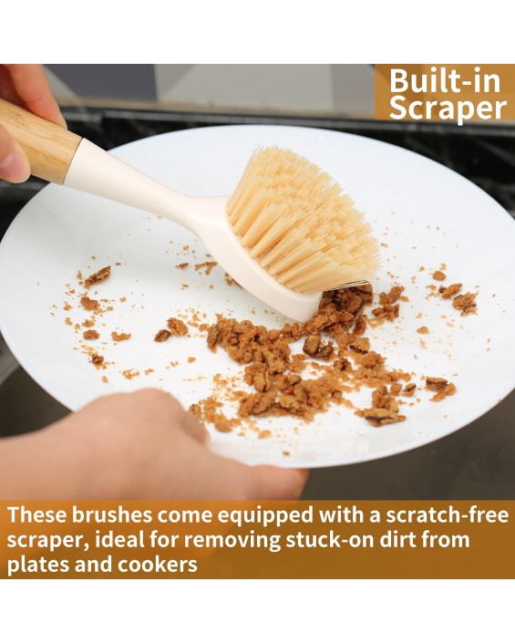 2 Pack Kitchen Dish Brush Bamboo Handle Dish Scrubber Built-in Scraper, Scrub Brush for Pans, Pots, Kitchen Sink Cleaning, Dishwashing and Cleaning Brushes are Perfect Cleaning Tools