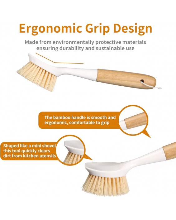 2 Pack Kitchen Dish Brush Bamboo Handle Dish Scrubber Built-in Scraper, Scrub Brush for Pans, Pots, Kitchen Sink Cleaning, Dishwashing and Cleaning Brushes are Perfect Cleaning Tools