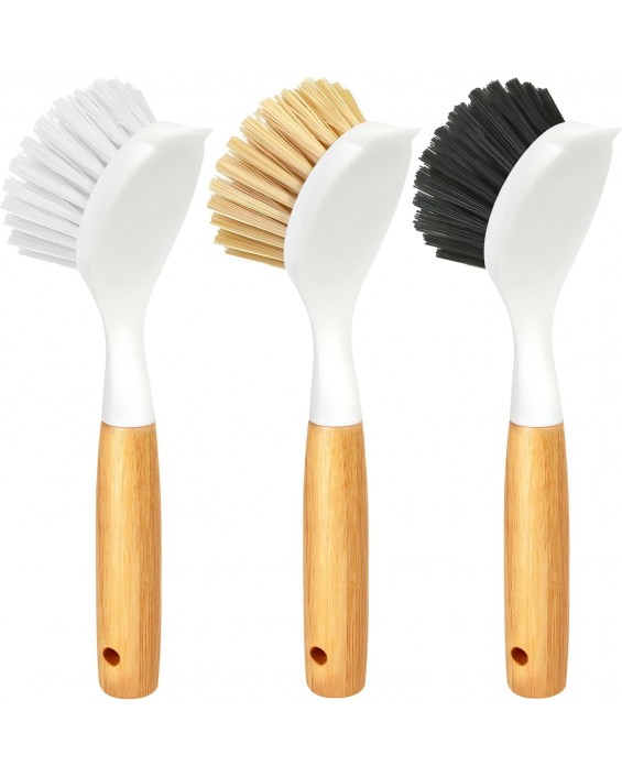 3 Pack Dish Brush Set with Bamboo Handle, Kitchen Brushes for Cleaning Pot, Sink and Stove, Skillet Scrubber with Tough Bristles for Cast Iron Grill Pan