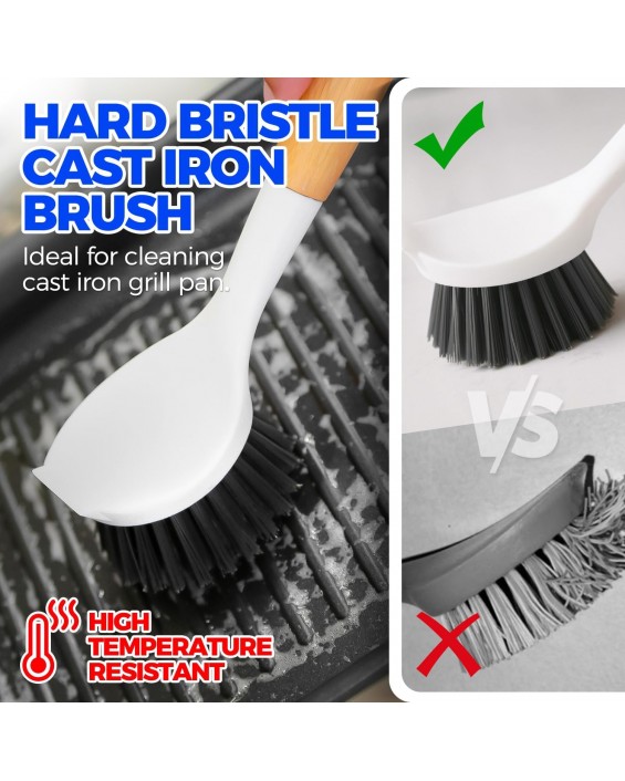 3 Pack Dish Brush Set with Bamboo Handle, Kitchen Brushes for Cleaning Pot, Sink and Stove, Skillet Scrubber with Tough Bristles for Cast Iron Grill Pan