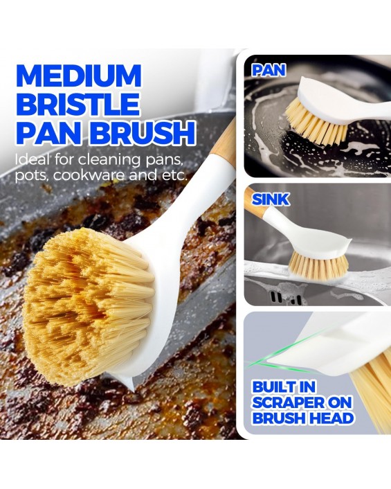3 Pack Dish Brush Set with Bamboo Handle, Kitchen Brushes for Cleaning Pot, Sink and Stove, Skillet Scrubber with Tough Bristles for Cast Iron Grill Pan