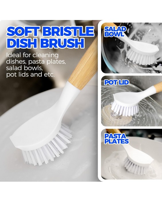 3 Pack Dish Brush Set with Bamboo Handle, Kitchen Brushes for Cleaning Pot, Sink and Stove, Skillet Scrubber with Tough Bristles for Cast Iron Grill Pan