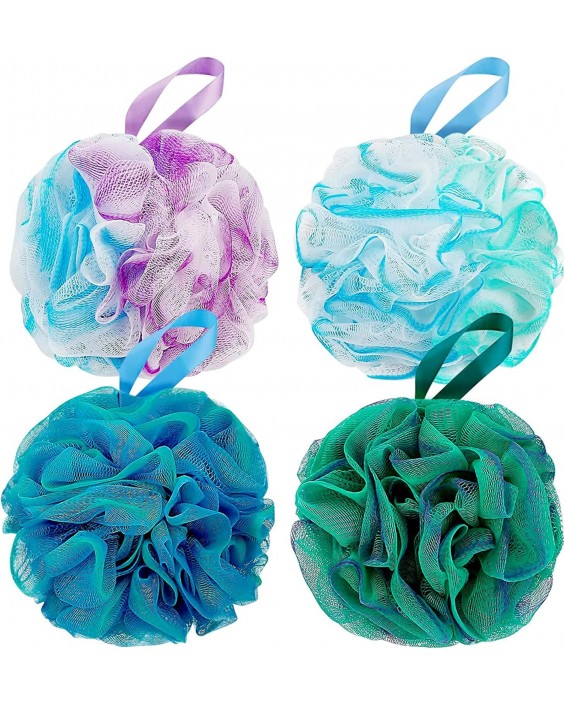 Bath Shower Loofah Sponge 60g Bath Mesh Pouf Shower Ball Body Scrubber Exfoliating Bath Sponge for Women and Men, Set of 4, Flower