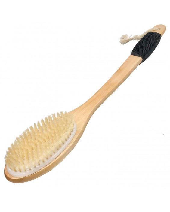 Bath Brush Wooden Curved Long Handle Antiskid Shower Brush for Exfoliating, Natural Bristle Scrubber for Back Use Wet or Dry