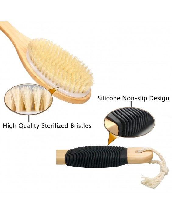 Bath Brush Wooden Curved Long Handle Antiskid Shower Brush for Exfoliating, Natural Bristle Scrubber for Back Use Wet or Dry